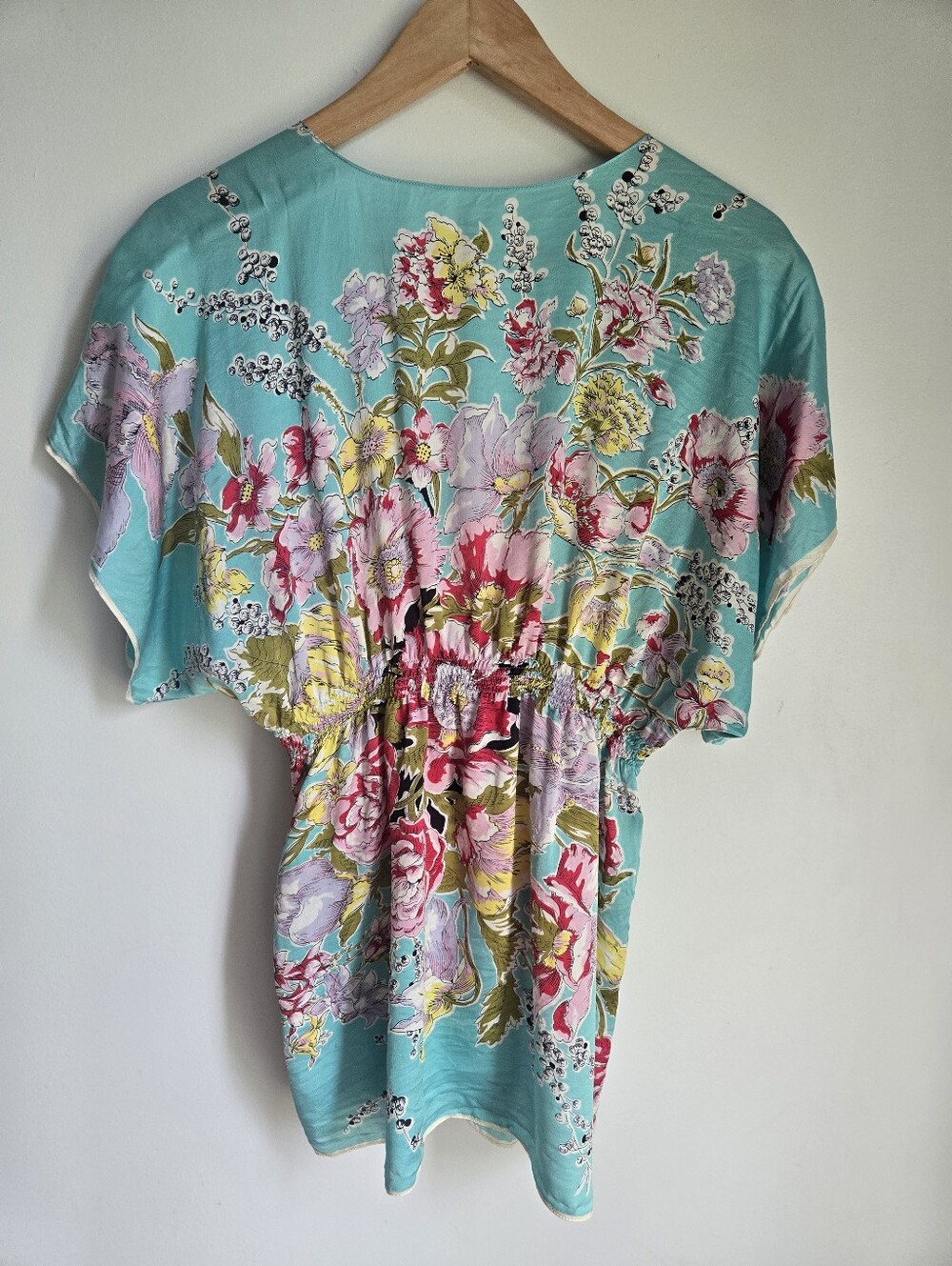 Vintage Kimono Floral Silky Tie-Front Top in Aqua - Picture 5 of 9